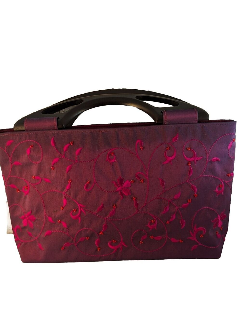 Purse Embroidered Taffeta Plum/ Red/ Wine Wood Handles made in Thailand 14x8x4+
